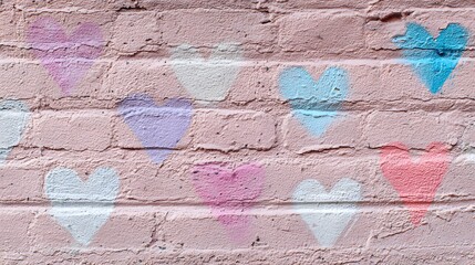 Colorful hearts painted on a pink brick wall create a whimsical and charming background