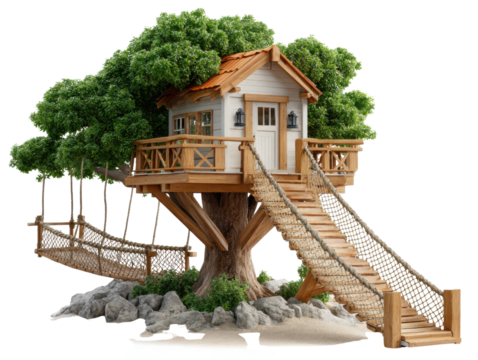 Whimsical Treehouse: A charming treehouse nestled in the branches of a large, lush tree. with a wooden bridge and staircase, offers a playful retreat. A picture of childhood fantasy and peacefulness.