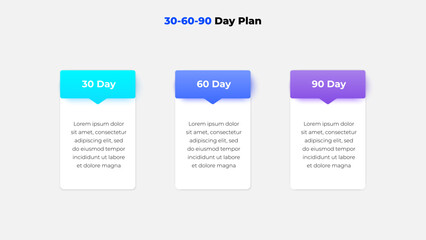 Professional infographic design showcasing a structured 30-60-90 day business plan layout. Ideal for presentations, strategic planning, timeline management, or visualizing action steps