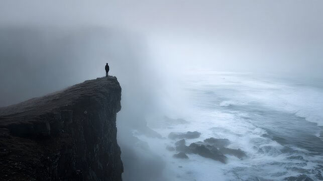 Person standing on a cliff edge overlooking the ocean under a moody, misty sky.