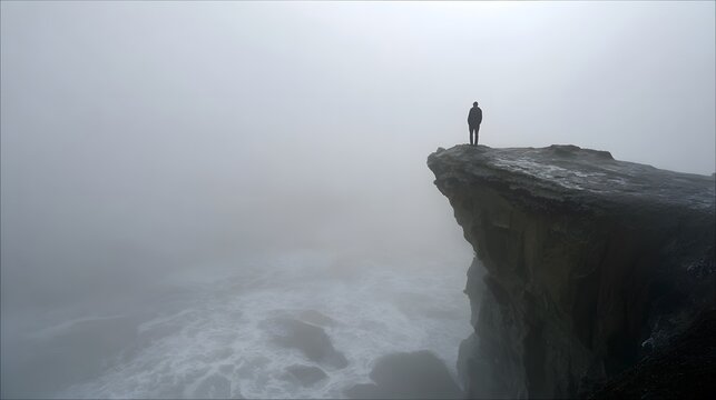 Solitary figure stands silhouetted on a cliff edge overlooking a misty seascape, showcasing isolation and dramatic scenery. - Powered by Adobe