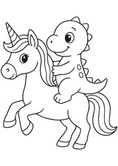 coloring book Dino riding unicorn in magical sky