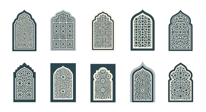 Islamic Arch Windows Set with Geometric Patterns. Traditional Arabic and Mughal Style Jali Designs. Ornate Architectural Elements.