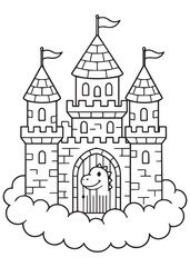 Fototapeta premium coloring book Castle floating in the sky with happy dinosaur