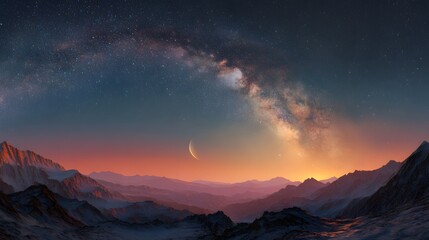 Fototapeta premium Majestic mountains under a vibrant Milky Way and crescent moon at dusk create a celestial vista.