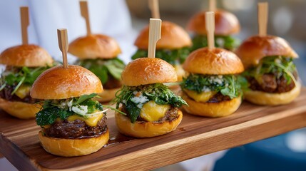 Delicious mini beef sliders with cheese and fresh arugula arranged on a wooden board, perfect for catering.