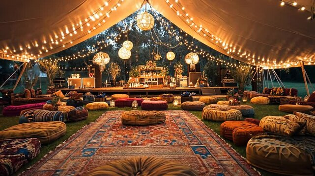 Elegant outdoor event setup with bohemian decor under illuminated tent at night