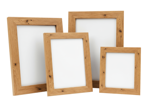 Three clean, new, rustic natural wood photo frames of various sizes and orientations, showcasing prominent grain and knots, isolated against a transparent studio background with high-key lighting,