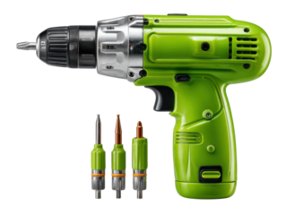 Green Electric Drill: A close-up shot of a vibrant green electric drill, showcasing its sleek design and the three accompanying bits, perfect for construction, DIY projects and home improvement. 