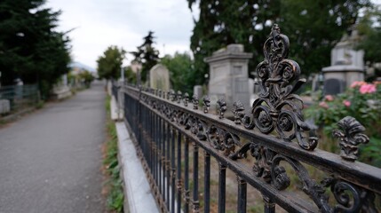 Ornate iron fence and tombstones in a peaceful cemetery pathway