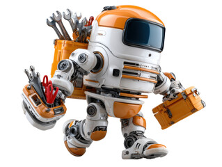 Mechanical Marvel: A charming robot, equipped with a toolbox, strides with purpose and resolve, its advanced design and efficient structure clearly reflecting its primary utility.