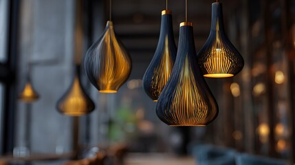 Elegant hanging pendant lamps illuminate a modern interior with warm golden light and dark sculpted shades.