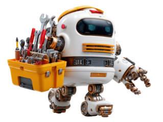 Robotic Maintenance Technician: A friendly robotic figure stands ready, its integrated toolbox filled with essential tools, poised to tackle maintenance challenges with innovative solutions.