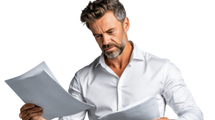 Businessman reviewing documents: A focused mature businessman scrutinizes important documents, showcasing professionalism and attention to detail.