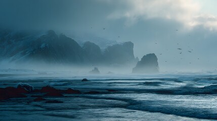 Moody coastline scenery features sea stacks along a misty beach on a cloudy day