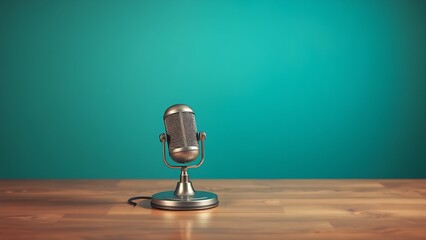 Vintage microphone on wooden table, evoking nostalgia and retro studio aesthetics.