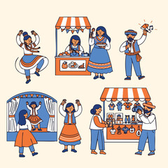 Obraz premium Flat Illustration Traditional Fair Celebration People Activities and Cultural Event Scene