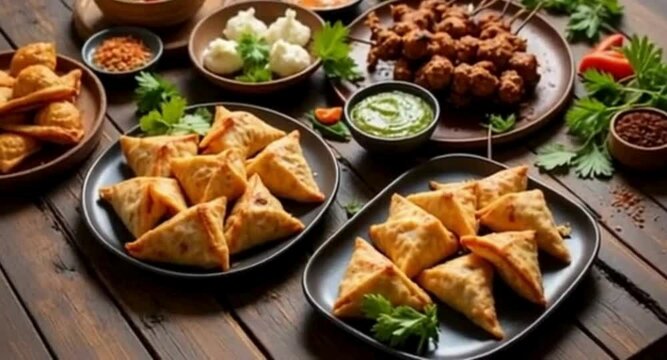 Delicious Samosas with Various Dips and Spices on Wooden Table