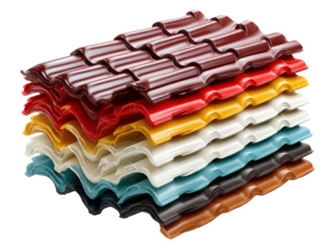 Colorful roof tiles: a stack of colorful roof tiles, showcasing a spectrum of vibrant hues, offering a visually appealing presentation of construction materials.