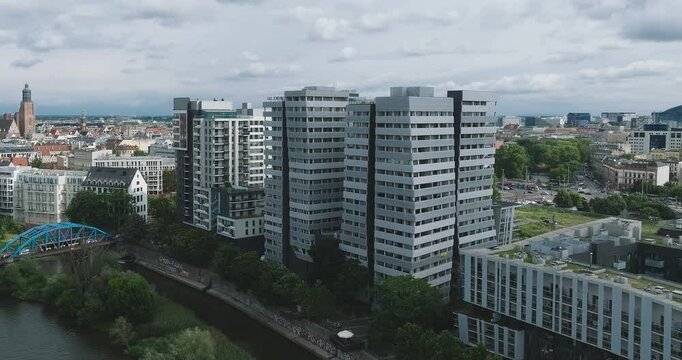 Drone view of Atal Towers and panoramic Wroclaw city skyline