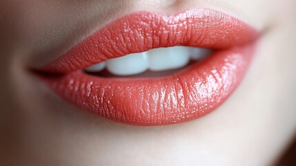 Obraz premium Beautiful, glossy pink lips in close-up, with high-resolution details on a white background. Professional lighting and color grading create a high-quality