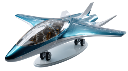 Futuristic Airplane Model: A sleek, futuristic airplane model gleams with metallic accents, poised for takeoff on a minimalist display stand, symbolizing innovation and the future of air travel.
