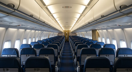 Interior view of an empty passenger airplane cabin with blue seats