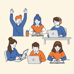 Fototapeta premium Minimalist Line Art Students Studying Together Illustration in a Comfortable Setting