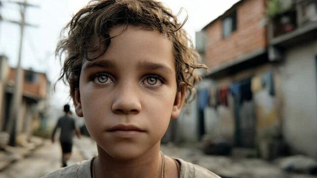 Young boy with striking eyes stands in a narrow alley surrounded by run-down houses in a vibrant but challenging neighborhood