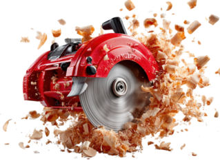 Precision in Red: A high-angle shot captures a dynamic circular saw, poised amidst a flurry of wood shavings, showcasing the raw power and meticulous craftsmanship of carpentry.