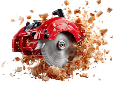Precision in Red: A high-angle shot captures a dynamic circular saw, poised amidst a flurry of wood shavings, showcasing the raw power and meticulous craftsmanship of carpentry.