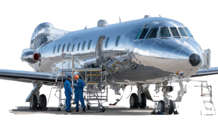 Modern Aviation Harmony: Technicians in a state-of-the-art aircraft hangar engage in their work, examining the immaculate form of a modern aircraft. The polished surface of the aircraft gleams.