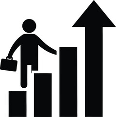 Business Growth and Success Depicted with a Figure Climbing Up a Bar Chart Towards an Arrow Symbolizing Upward Trajectory