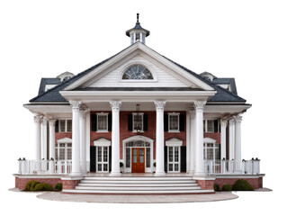 Grand Colonial Mansion: A stately colonial-style mansion with a grand facade, featuring a prominent portico supported by elegant columns, a hipped roof with a cupola.