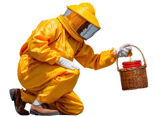 Beekeeper at Work: A beekeeper, clad in protective gear, carefully inspects a honeycomb-filled basket, showcasing the dedication and care involved in beekeeping.