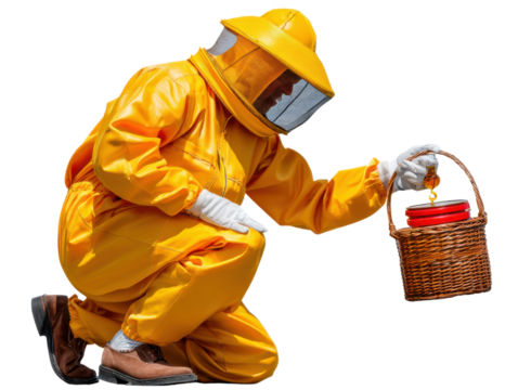 Beekeeper at Work: A beekeeper, clad in protective gear, carefully inspects a honeycomb-filled basket, showcasing the dedication and care involved in beekeeping.