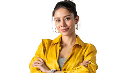 Confident Woman in Yellow Jacket: A stunning woman radiates confidence and grace in a sunny yellow jacket, her arms casually crossed. A portrait that speaks volumes about empowerment, poise.