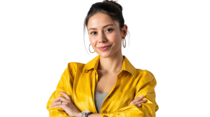 Confident Woman in Yellow Jacket: A stunning woman radiates confidence and grace in a sunny yellow jacket, her arms casually crossed. A portrait that speaks volumes about empowerment, poise.