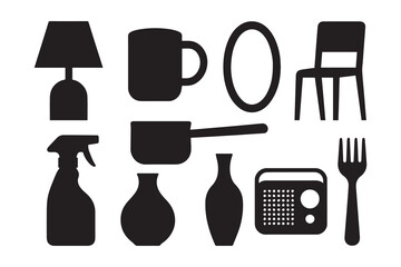 Obraz premium Collection of common household objects depicted as black silhouettes on a white background silhouette