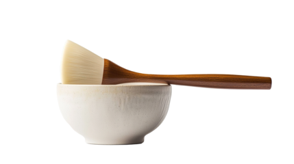 Premium facial mask brush and white ceramic spa bowl isolated on transparent background. PNG