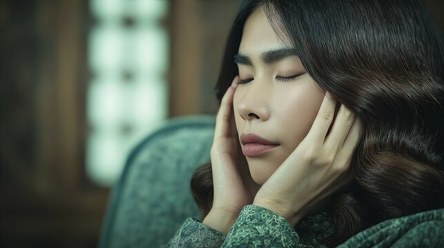 Asian woman seated on couch cradling head with migraine in cozy home interior perfect for healthcare marketing pain relief advertising and medical condition awareness campaigns