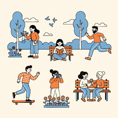 Naklejka premium Cartoon Handdrawn People in Park Activities Leisure Lifestyle Illustration