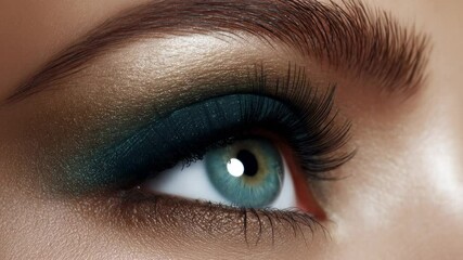 Stunning eye makeup tutorial featuring vibrant teal and gold hues for a captivating look