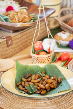 Fried insects -  Express worms or fried bamboo worms insect crispy with pandan after fried and add a light coating of sauce and garnish Thai pepper powder