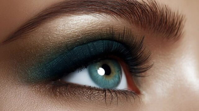 Stunning eye makeup tutorial featuring vibrant teal and gold hues for a captivating look