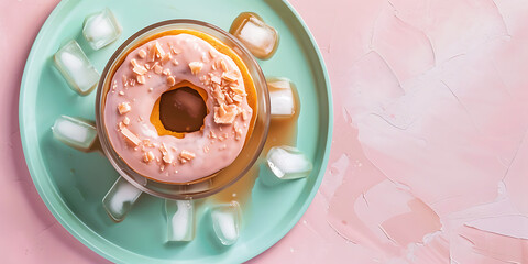 Pink Frosted Donut with White Icing on Mint Green Plate Against Pink Background


