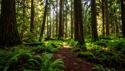 Fototapeta premium Sunlight streams through ancient forest