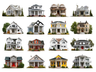 Collection of Houses: A diverse collection of charming houses in various architectural styles, showcasing different colors, sizes, and landscaping.  Each home presents unique architectural details.