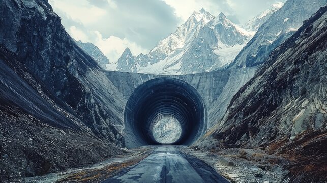 Majestic mountain pass with a large tunnel opening.