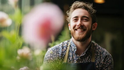 Smiling florist enjoying spring blooms in vibrant shop, showcasing talent for flower arrangements in friendly atmosphere